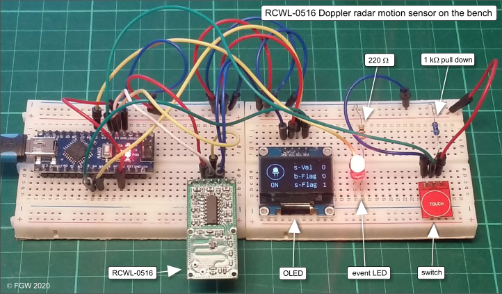 In this project a Doppler radar motion sensor (type RCWL-0516) is applied to trigger an Arduino to light a LED. The LED stays on until a button is pre